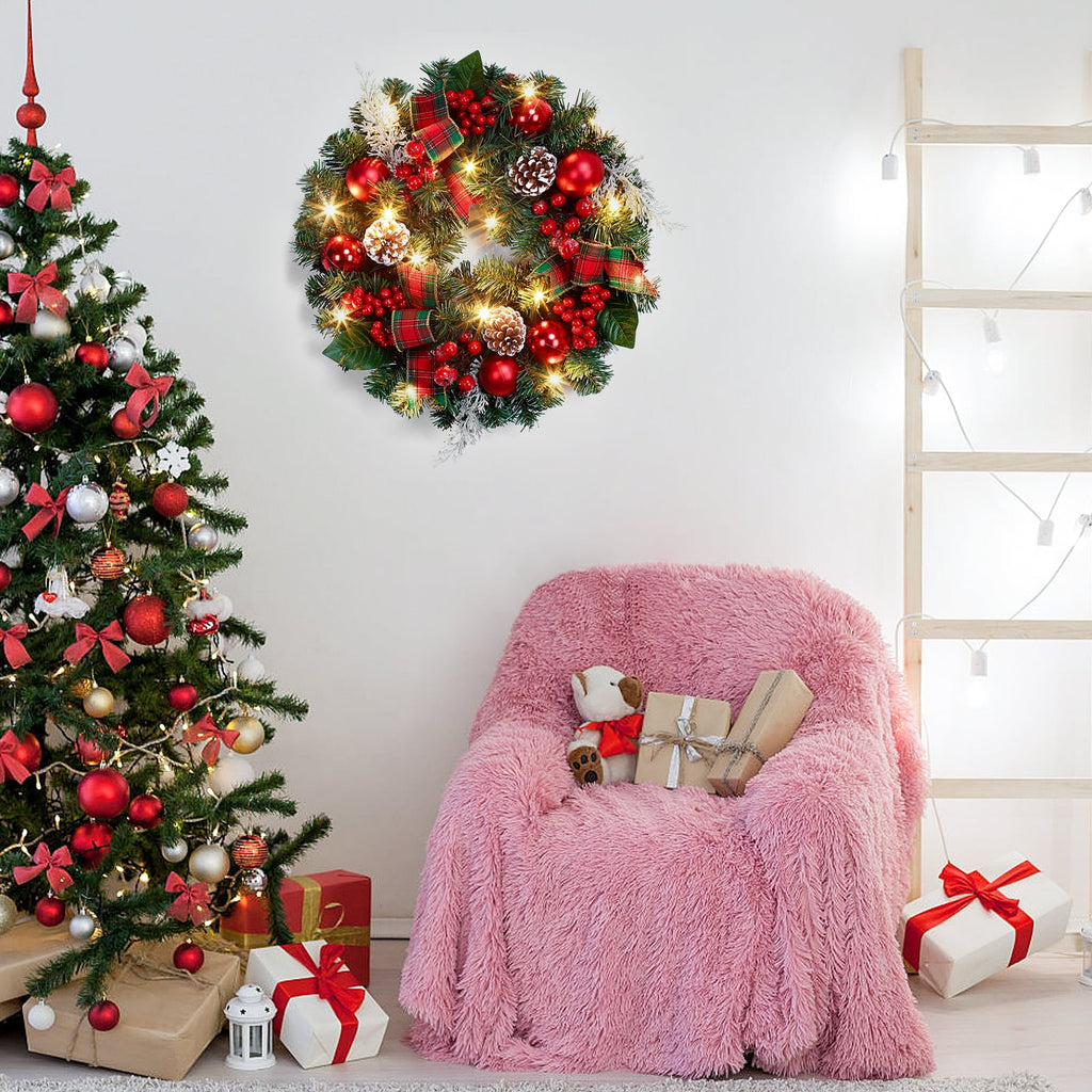 JoanKaren 24 inch Large Christmas Wreath Silver White with 20 LED Lights,Prelit Xmas Wreath w/ Ball Ornaments Pine Cone