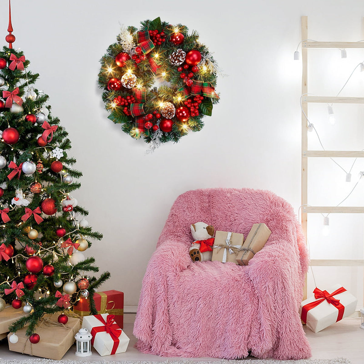 JoanKaren 24 inch Large Christmas Wreath Silver White with 20 LED Lights,Prelit Xmas Wreath w/ Ball Ornaments Pine Cone