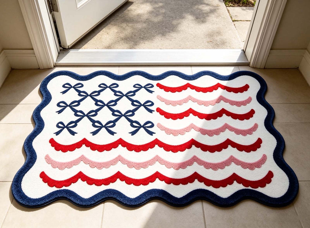 Patriotic Door Mat 4th of July Bow Flag Floor Doormats Independence Day Star Welcome Non Slip Mats for Front Porch Decor 16*24in Black