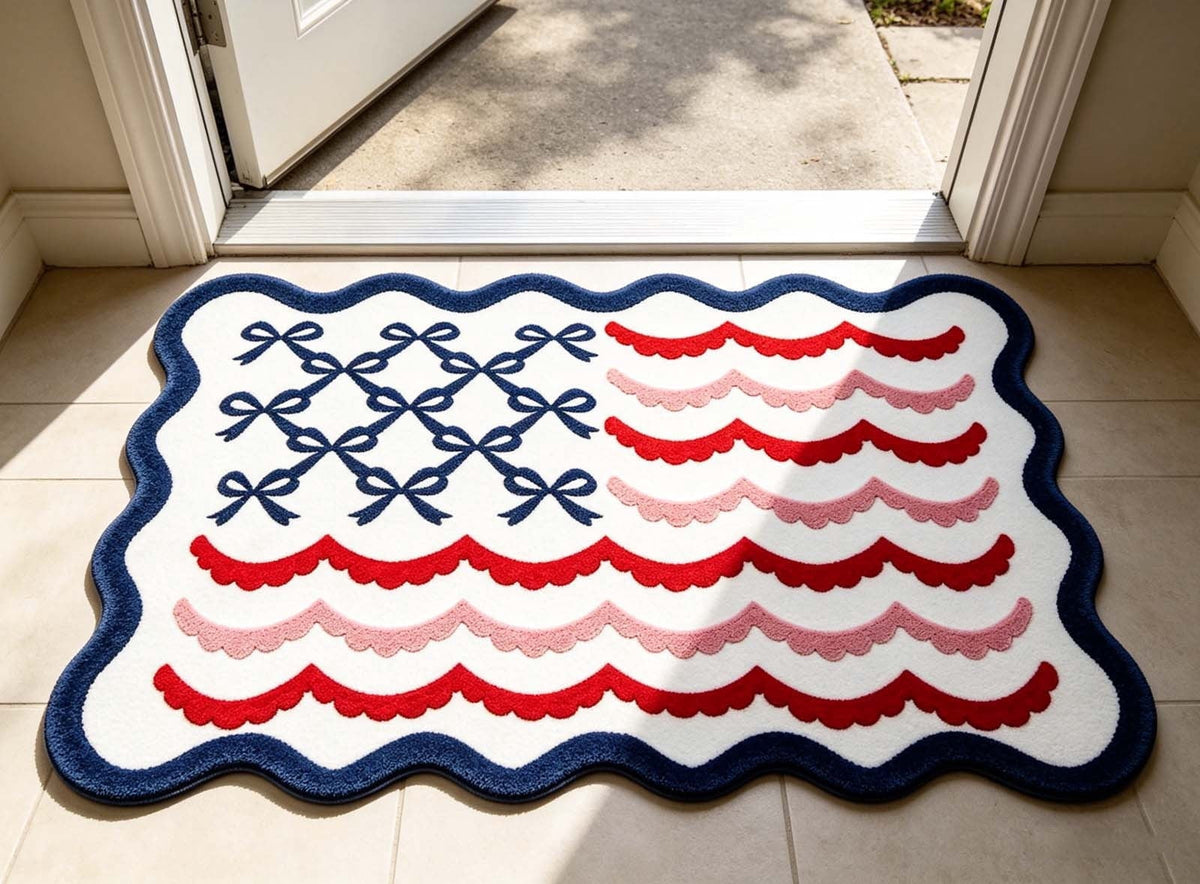 Patriotic Door Mat 4th of July Bow Flag Floor Doormats Independence Day Star Welcome Non Slip Mats for Front Porch Decor 16*24in Black