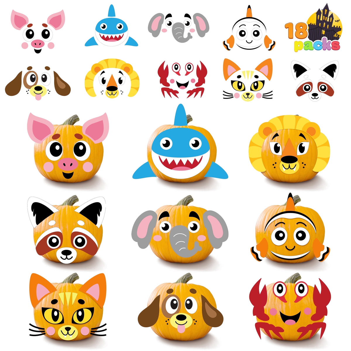 Joyfy 16 Faces Halloween Pumpkin Decorations Stickers Foam Craft Kit, 18 Sheets 16 Designs Halloween Party Favors for Kids, Party Supplies Arts Activities, Jack O Lantern Face Sticker School Gifts