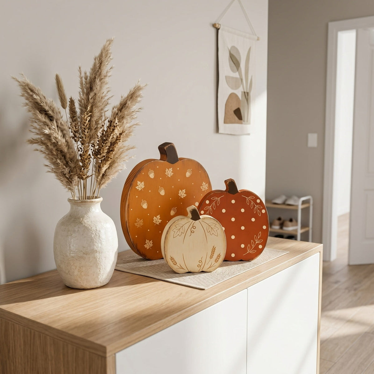 Cheapark Wooden Pumpkin Decor Tabletop Ornament Set of 3 Indoor Mantel Centerpiece Accent for Autumn Harvest Halloween Household Table Display Rustic Fall Scene Styling Home Fireplace Shelf Decor
