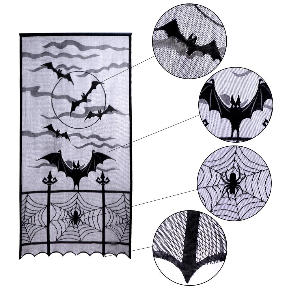 Coolmade 2pcs Black Halloween Lace Window Curtain, Spider Web Bats Door Curtain Panel Decor for Spooky Halloween Holiday Party Decoration, 40 x 84 Inch