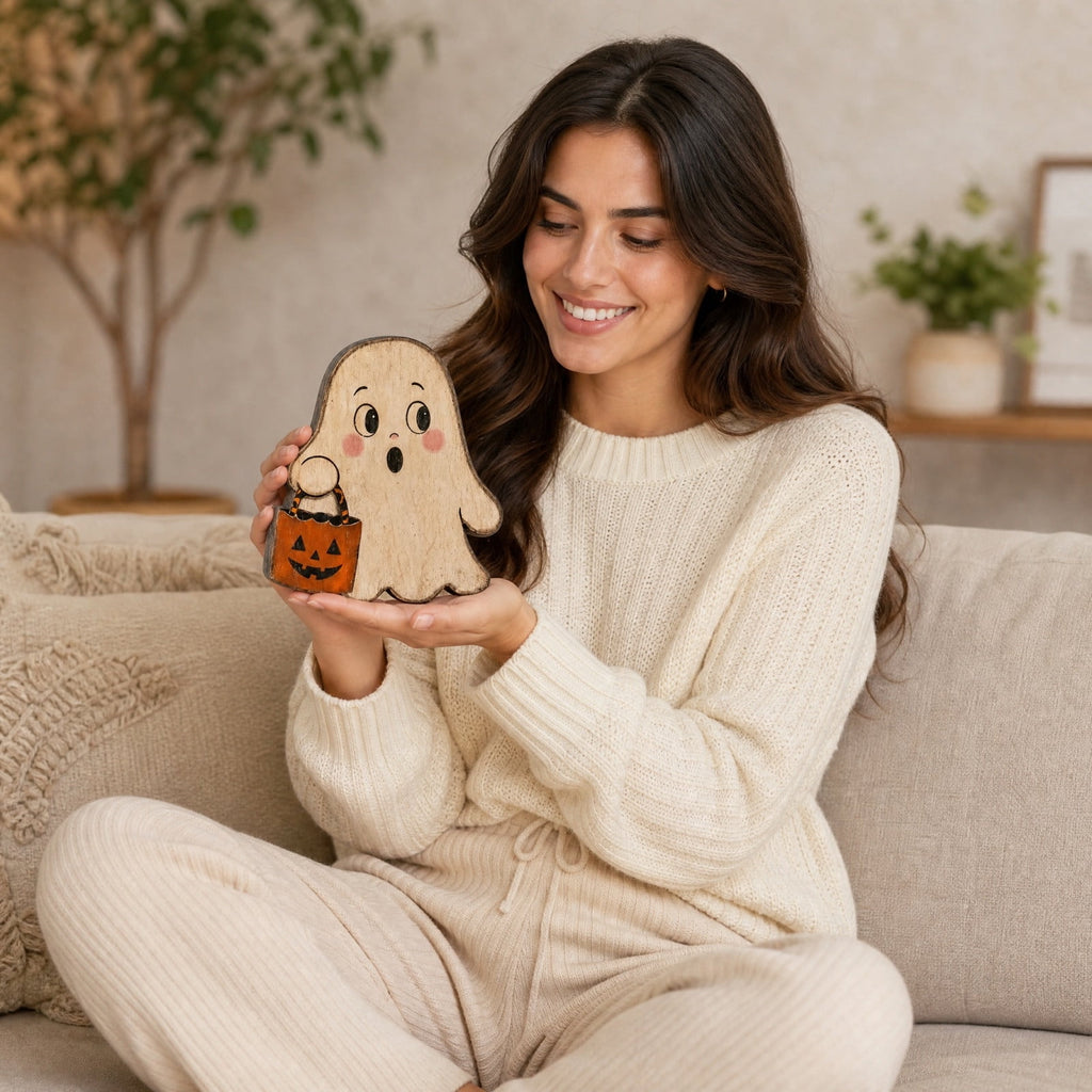 SLYNSHome Vintage Wooden Ghost Tabletop Figurine, Ghost With Pumpkin Bucket Decor, Farmhouse Shelf Mantel Ornament For Halloween Indoor Home Holiday Party Atmosphere Decoration