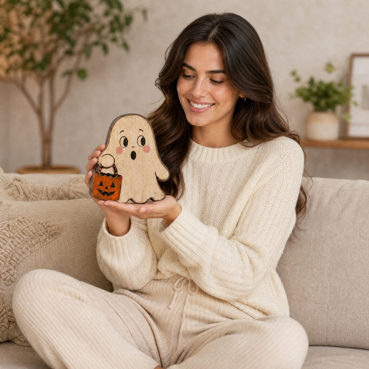 SLYNSHome Vintage Wooden Ghost Tabletop Figurine, Ghost With Pumpkin Bucket Decor, Farmhouse Shelf Mantel Ornament For Halloween Indoor Home Holiday Party Atmosphere Decoration