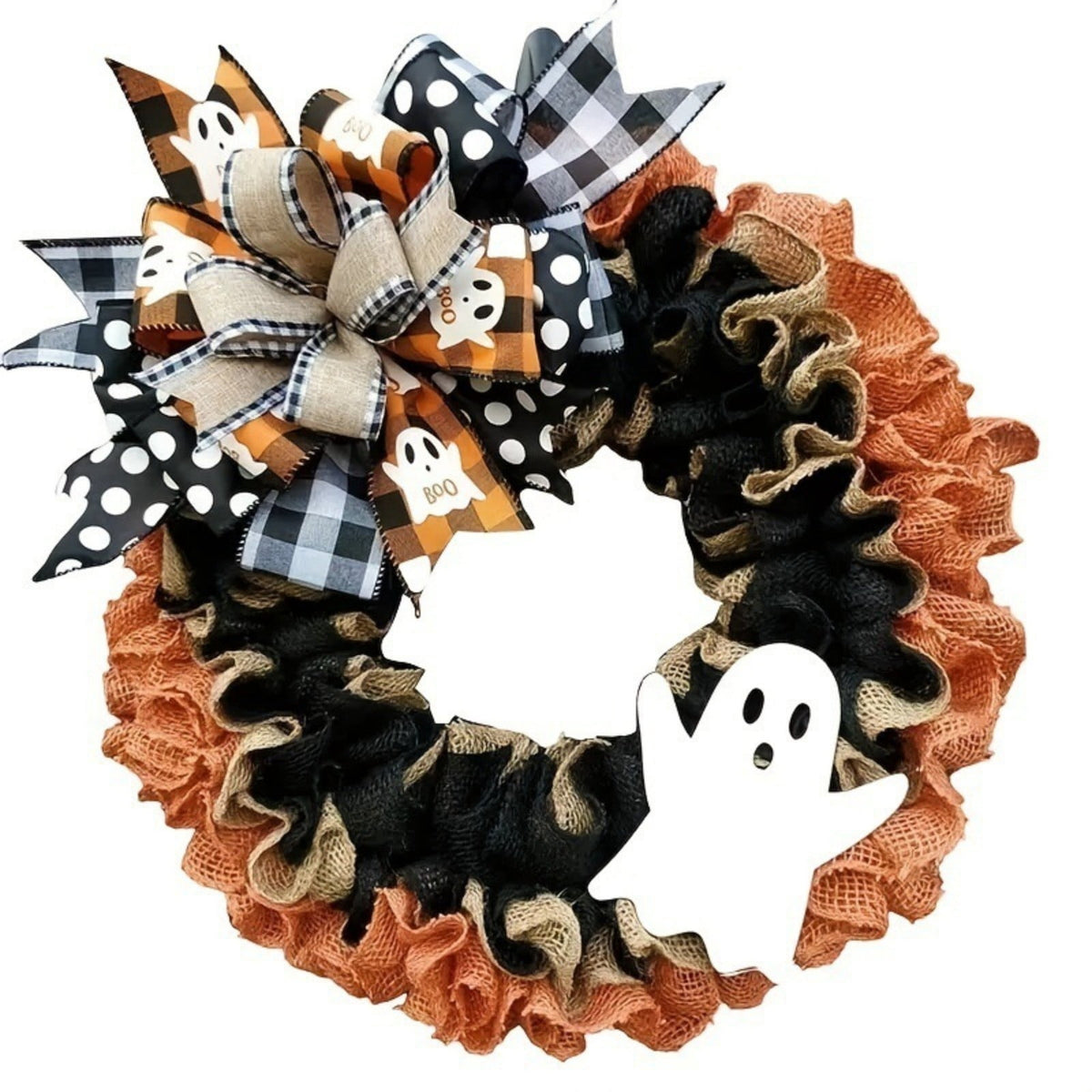 Halloween Boo Ghost Wreath, Burlap Wreath with Bows for Front Door, Farmhouse Favors Trick of Treat Propse for Window Wall Decor