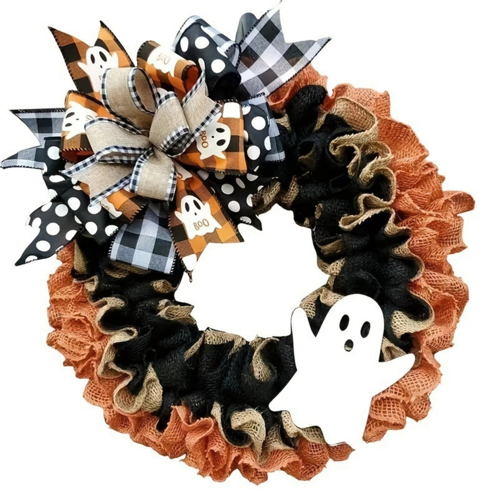 Halloween Ghost Burlap Wreath, Buffalo Plaid Ribbon Front Door Wreath, Spooky Ghost Hanging Garland for Home Porch Wall Fall Halloween Decor 38cm