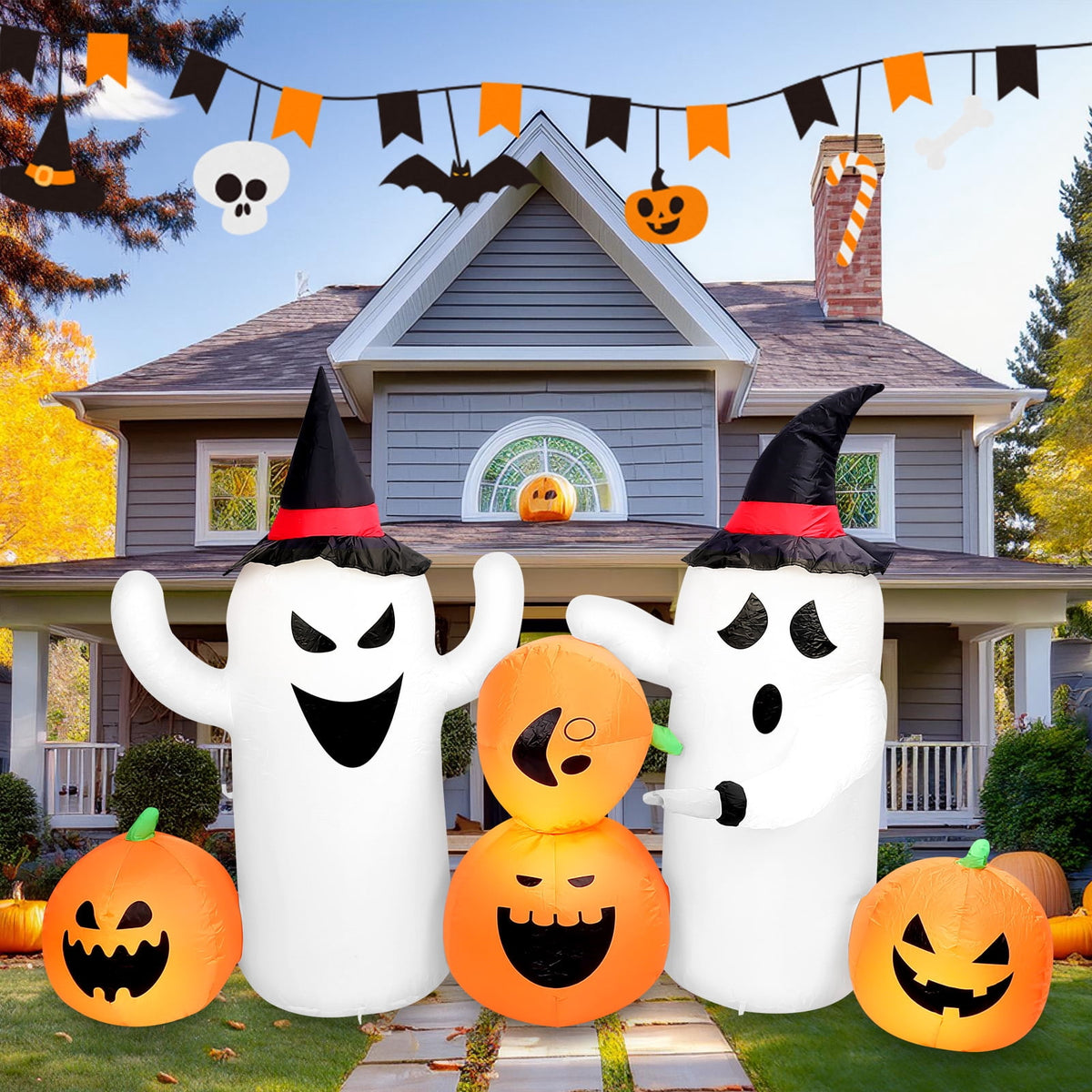 Halloween Inflatables Outdoor, 8FT Long Cute & Lighted Blow Up Decoration Pumpkin Family with Witch Hat, Large Halloween Inflatables Decorations with Lights for Yard, Holiday, Home