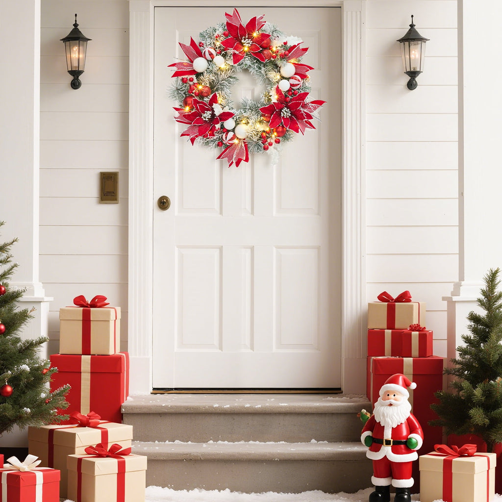JoanKaren 24 inch Large Christmas Wreath Silver White with 20 LED Lights,Prelit Xmas Wreath w/ Ball Ornaments Pine Cone