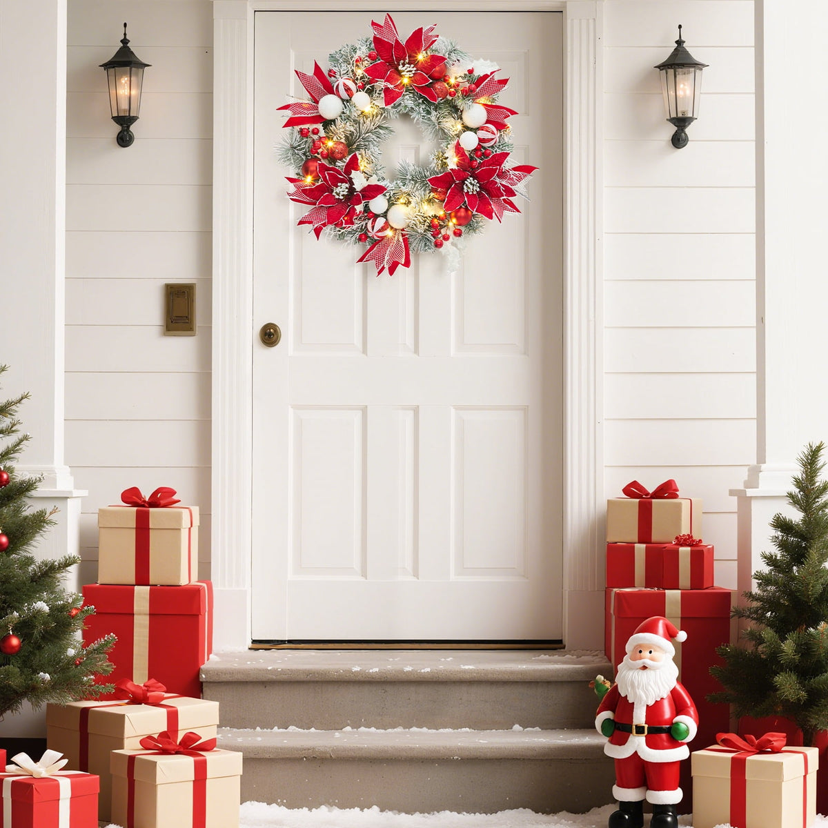 JoanKaren 24 inch Large Christmas Wreath Silver White with 20 LED Lights,Prelit Xmas Wreath w/ Ball Ornaments Pine Cone