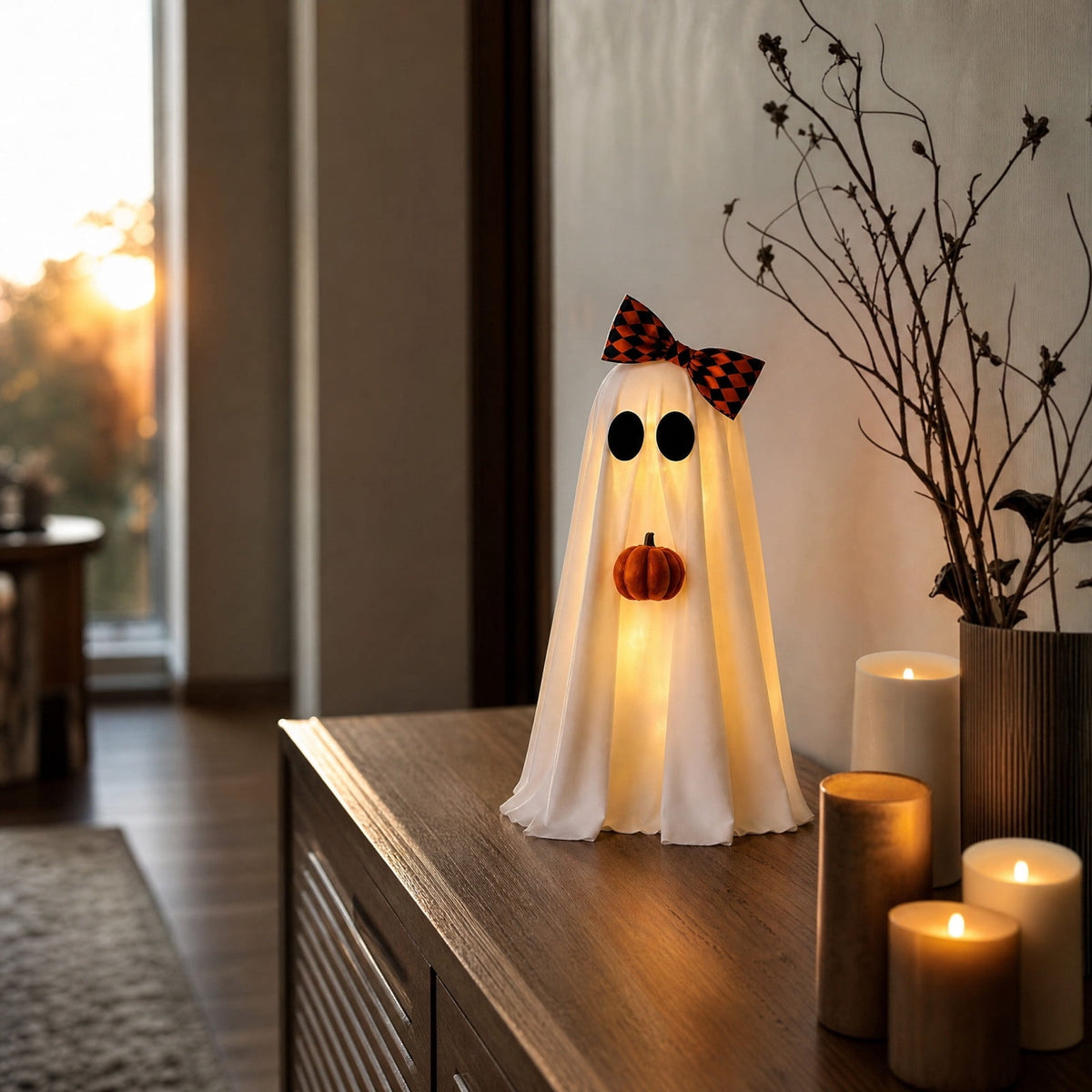Lighted Halloween Ghost Candy Bowl, Cute LED Ghost Holding Pumpkin Candy Bucket for Trick or Treat, Outdoor Halloween Decorations for Front Porch, Indoor Yard Patio Halloween Decor