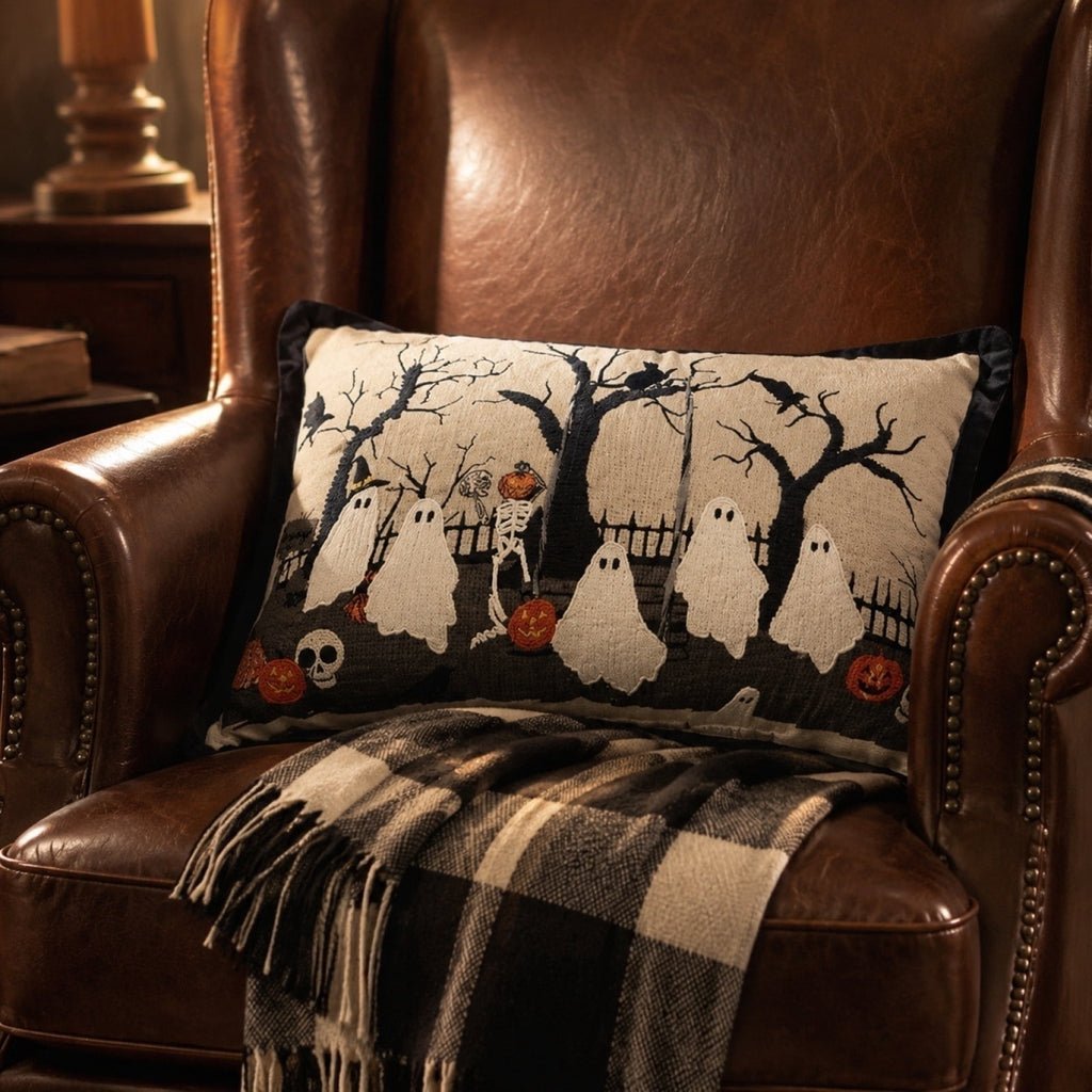 Cute Reading Ghost Plush Throw Pillow, Halloween Book & Pumpkin Bucket Ghost Stuffed Cushion, Spooky Season Decorative Pillow, for Sofa, Bedroom, Party Decor