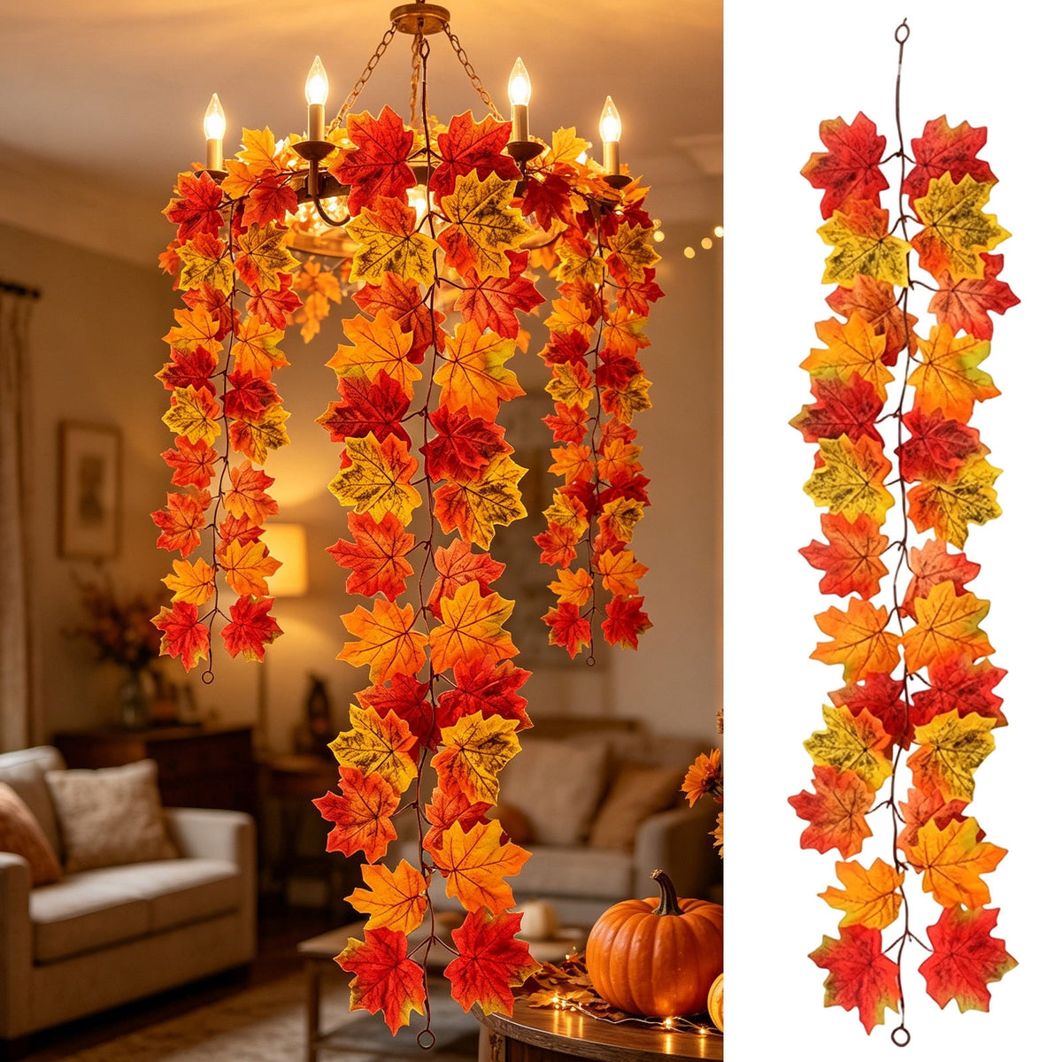 WKSCLPAI Halloween Maple Leaf Garland, Fall Vine Wreaths for Autumn Festivities Decor,Seasonal Garlands for Home,Halloween & Fall Decorations