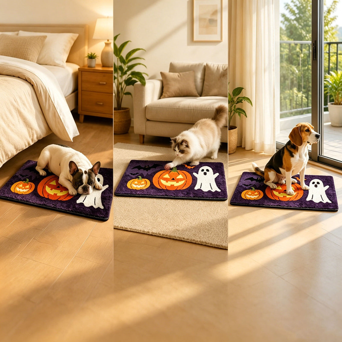 Halloween Pet Mat Faux Wool 60x40cm Black Ghost Door Mat for Dirty Feet Non Slip Entryway Rug for Dogs Cats Indoor Use