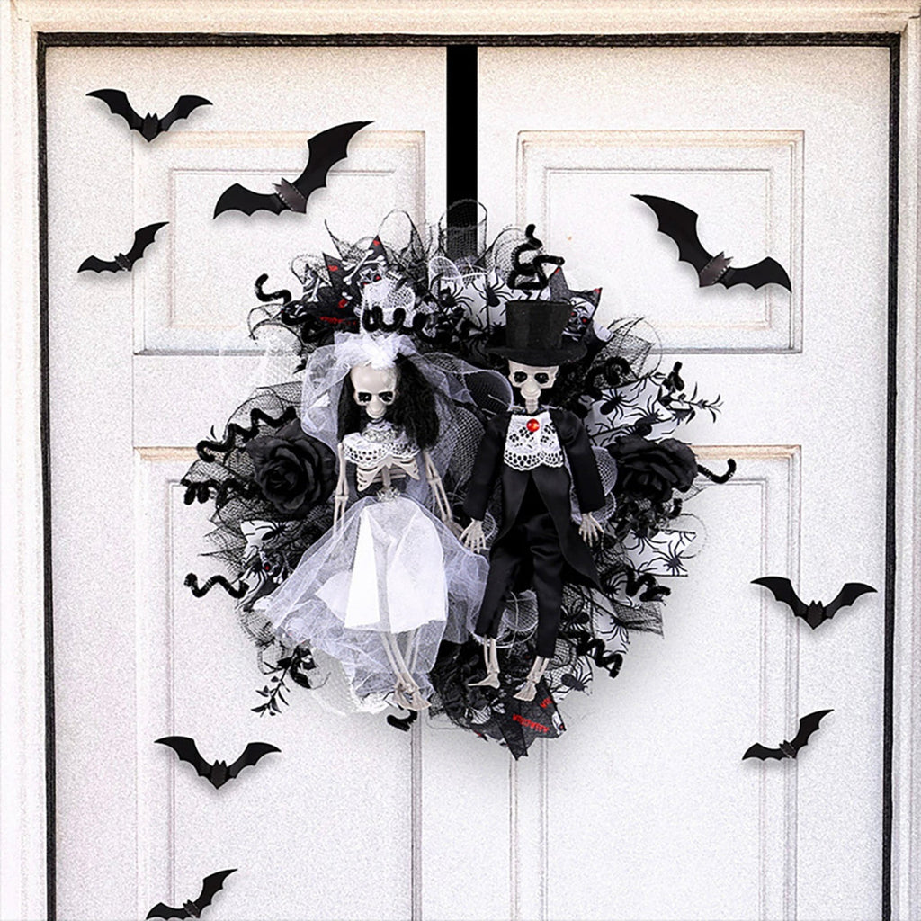 SWSUSN Halloween Creepy Wreath For Front Door 16 Inch Artificial Plastic Skeleton Bride And Groom Wreath Halloween Gothic Wreath Hanging Decoration For Home Party Halloween Front Porch Wreath
