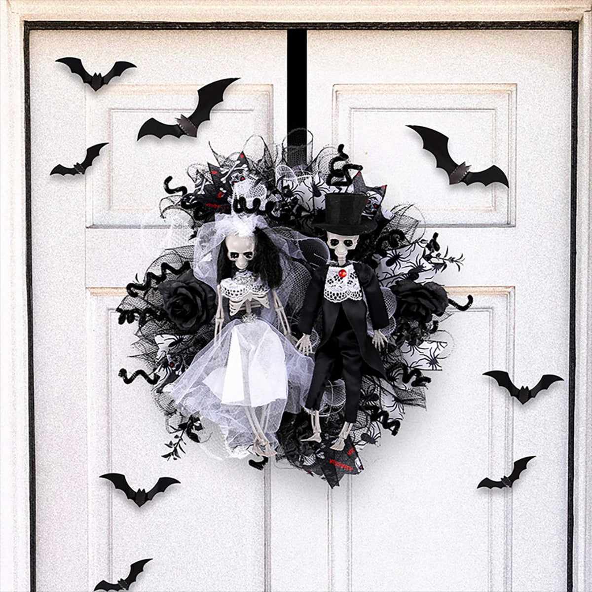 SWSUSN Halloween Creepy Wreath For Front Door 16 Inch Artificial Plastic Skeleton Bride And Groom Wreath Halloween Gothic Wreath Hanging Decoration For Home Party Halloween Front Porch Wreath