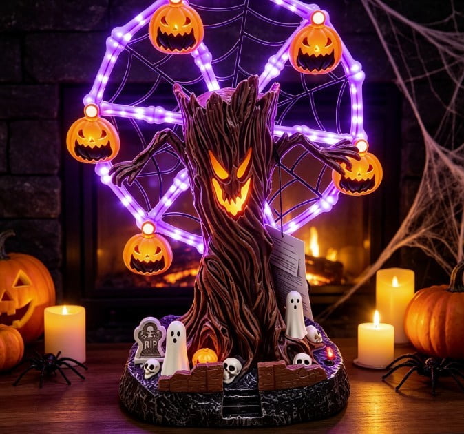 Hanging Solar Lights, Garden, Animated Halloween Ferris Wheel Tabletop Decor with Purple LED, Moving Skeleton Cauldrons, Spooky Tree Centerpiece for Party