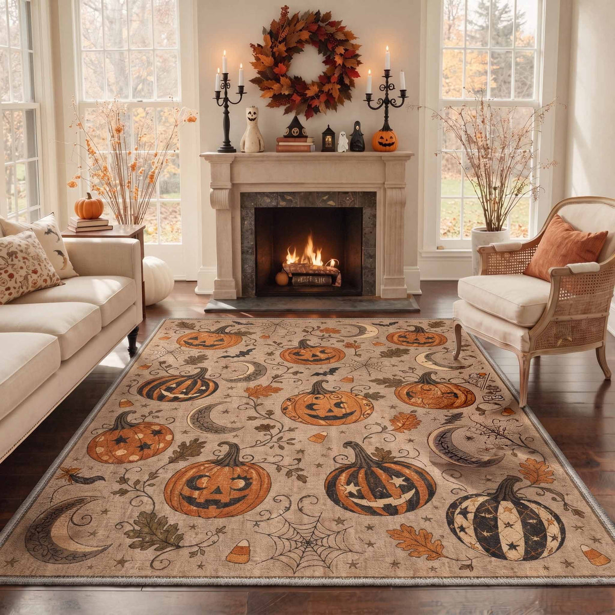GENIMO 5'x7' Halloween Area Rug for Living Room, Washable Non Slip Soft Vintage Pumpkin Indoor Rug for Bedroom Dining Room Home Office, Antique Moss