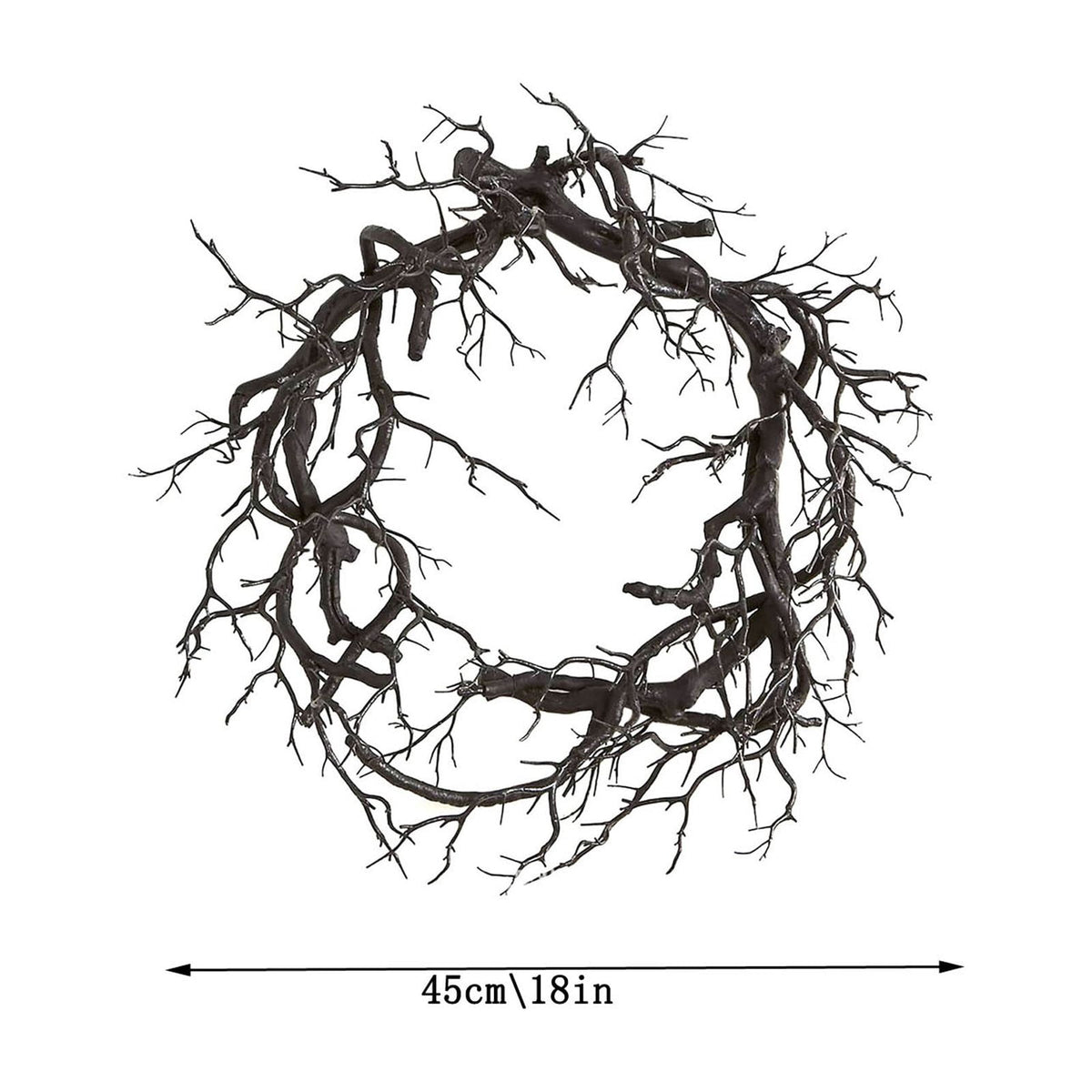 18 Inch Black Artificial Dead Branch Wreath, Twisted Bare Twig Halloween Wreath Frame, Spooky Gothic Twig Garland Base for Front Door Table Centerpiece Halloween DIY Decor