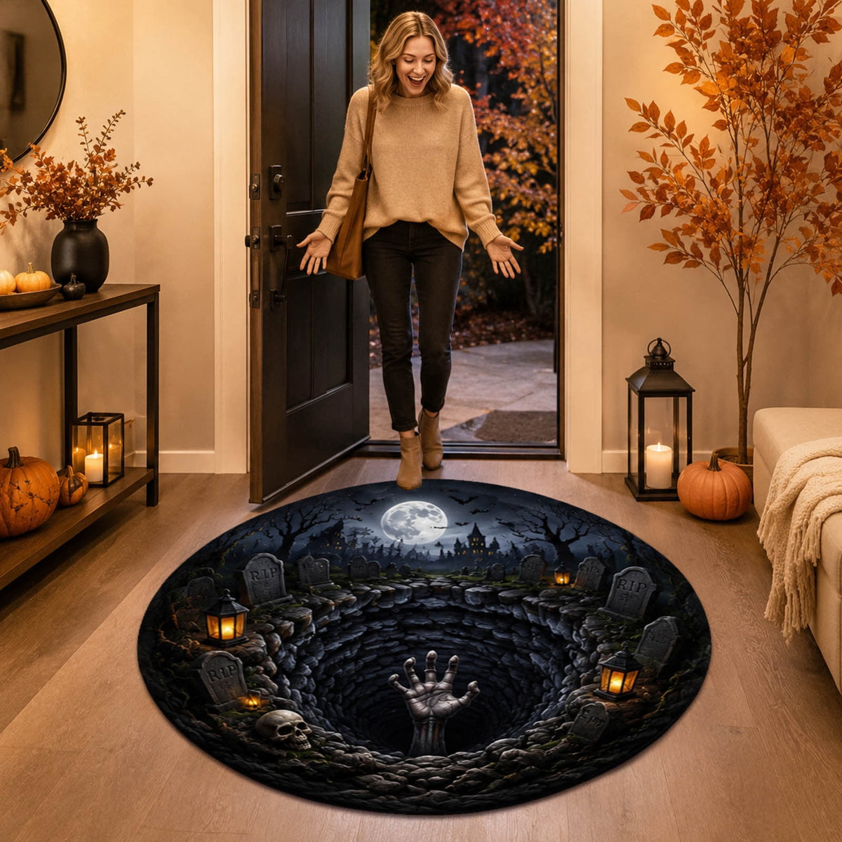Win s Way 3D Illusion Round Halloween Rug Optical Illusion Doormat Non- Washable Entryway Decor Spooky Fall Front Door Mat for Party Decoration Available in 15.8/23.6/31.5 Inch