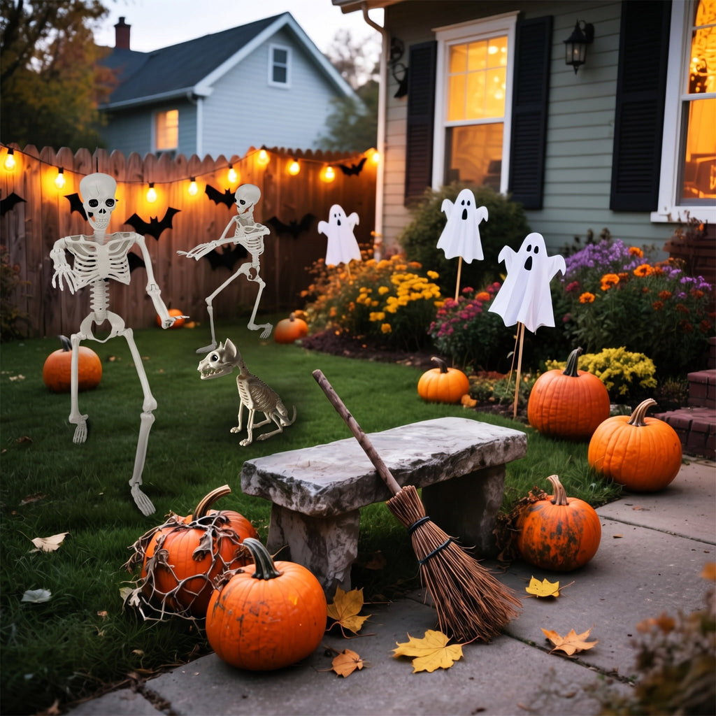 TETOU 2Pcs Halloween Human Cat Skeletons,35.4 Inch Realistic Full Body Movable Posable Skeleton for Halloween Garden Yard Porch Party Haunted Graveyard Indoor Outdoor Decororation