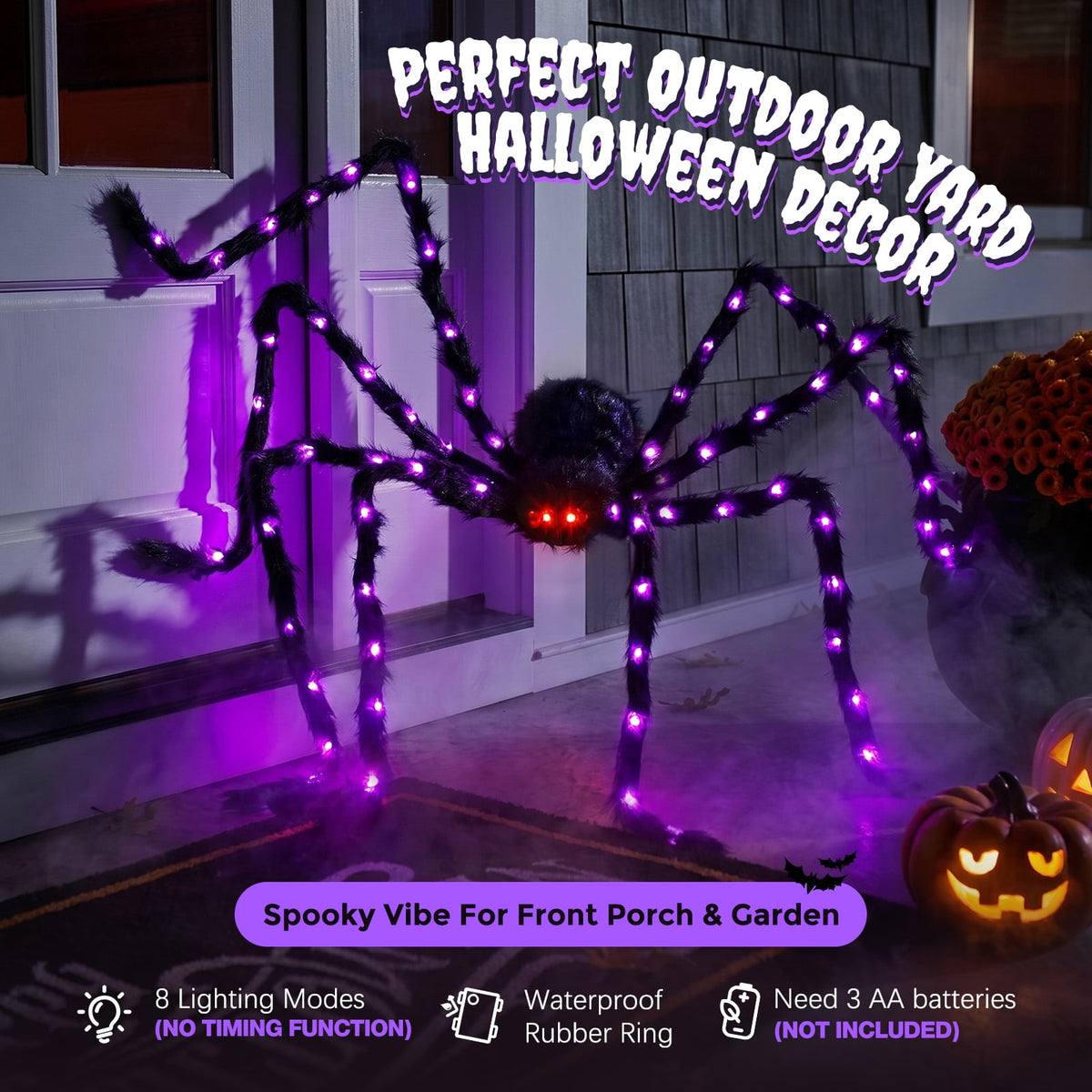 Ayieyill 5ft Giant Light-up Halloween Spider, Scary Hairy Fabric Spider for Indoor Outdoor Yard Haunted House Decor, Purple