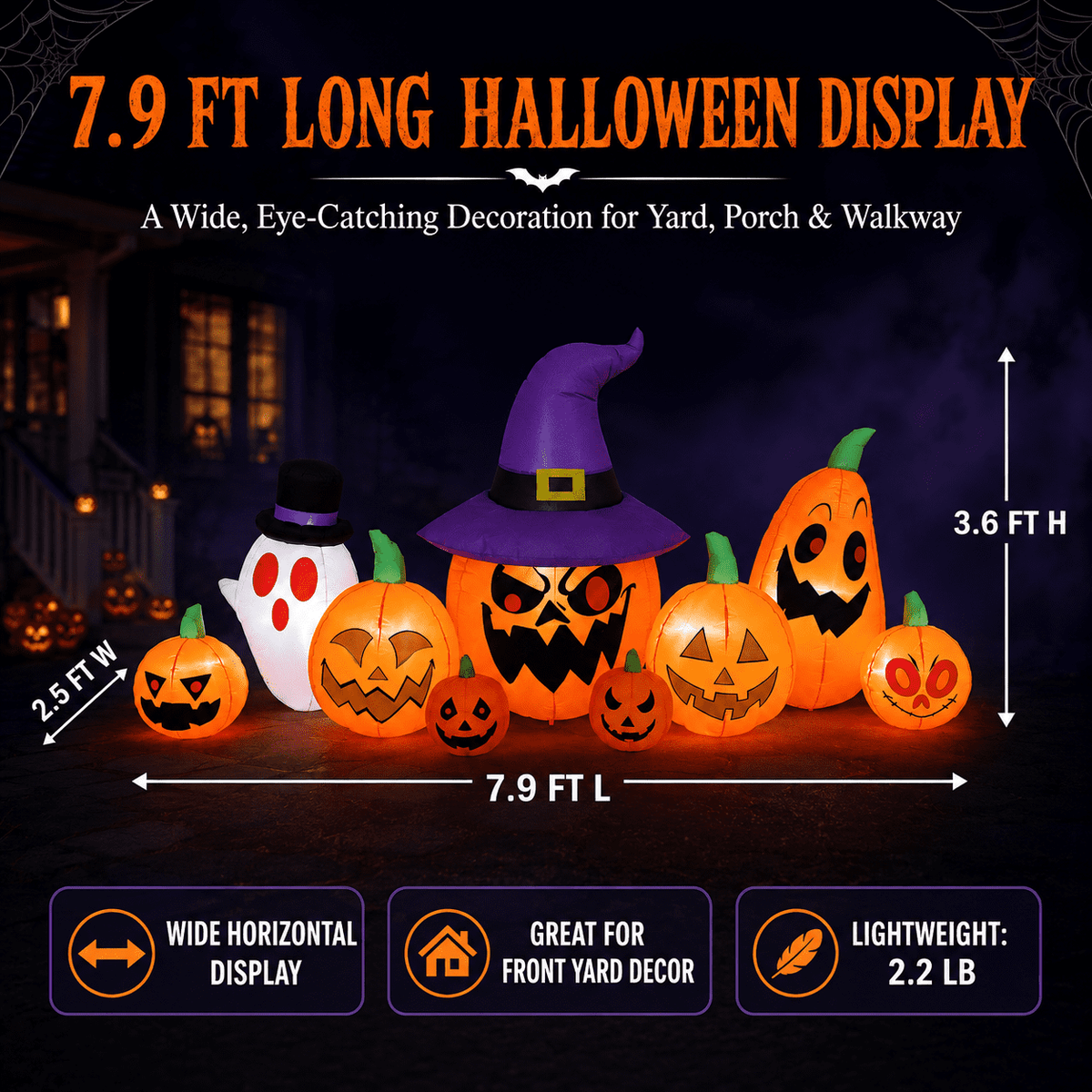 7.9 FT Halloween Inflatable Pumpkin & Ghost Yard Decoration, Pumpkins with Witch Hat, 7 LED Lights, Outdoor Blow Up Decor