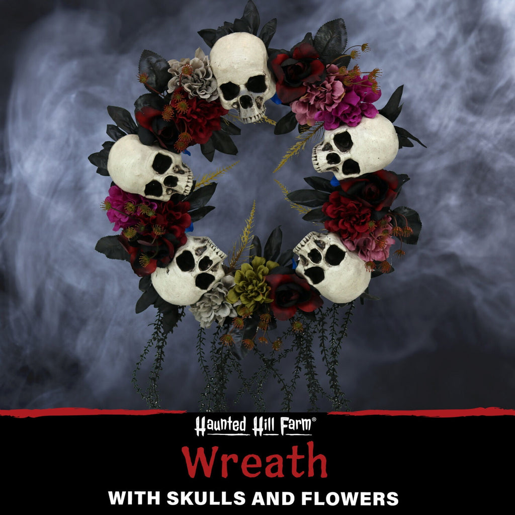 Haunted Hill Farm 24 in Hanging Wreath with Skulls, Fall Flowers, and Vines, Indoor/Covered Outdoor Halloween Props Decoration, HHWTHSKL-2