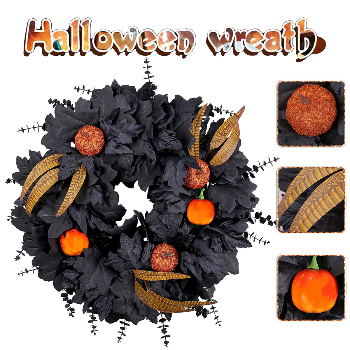 Halloween Wreath for Front Door, 20 Inch Black Maple Leaf Wreaths with Light, Pumpkin, Halloween Atmosphere Haunted House Decor, for Indoor,Outdoor,Wall Window,Porch,Farmhouse,Home,Party Decoration