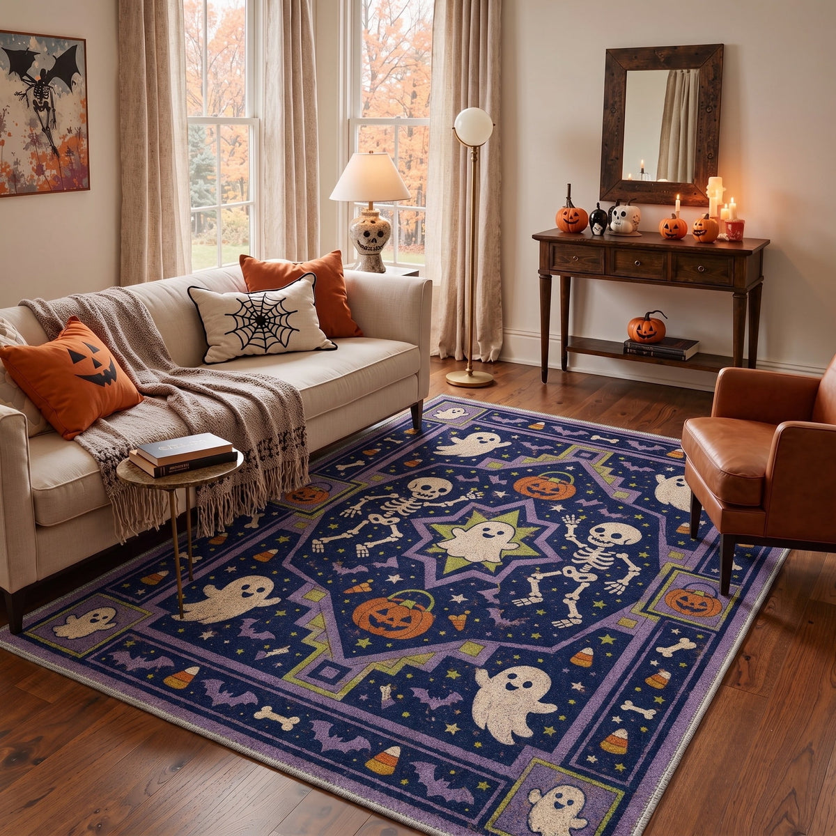 KUETH 3'x5' Halloween Machine Washable Area Rug, Non-Slip Rugs for Living Room, Bedroom and Dining Room, Orange