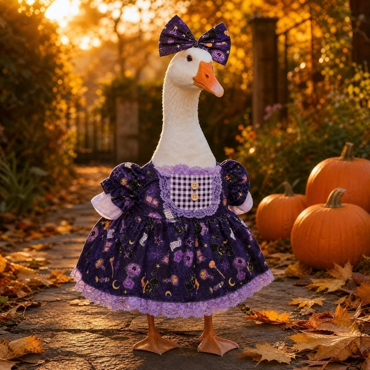 Halloween Ghost Porch Goose Outfit Fits 23 Inch Cement Lawn Goose Statue Pumpkin Face Ghost Costume with Matching Witch Hat for Fall Outdoor Garden Yard Patio Holiday Decor