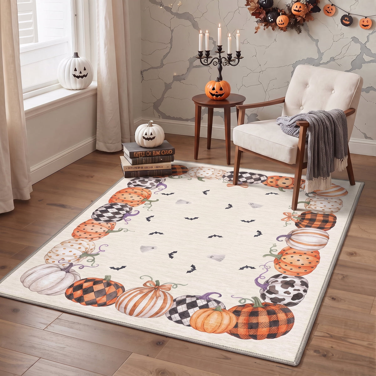 KUETH 3'x5' Halloween Machine Washable Area Rug, Non-Slip Rugs for Living Room, Bedroom and Dining Room, Orange