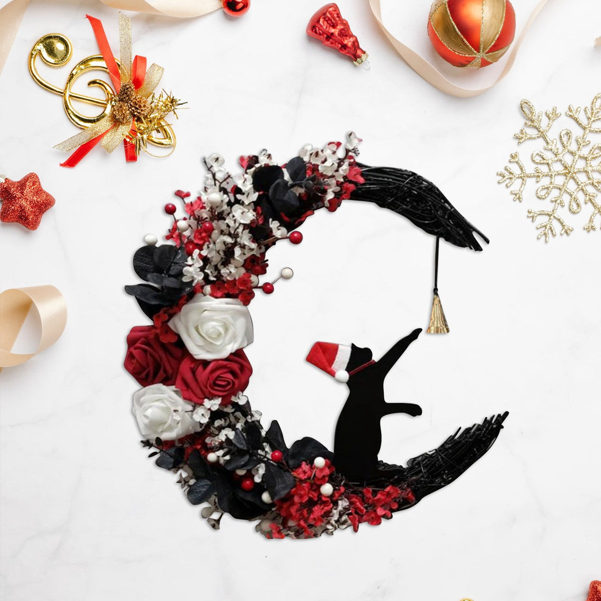 Christmas Tree Prelit Farmhouse Wreaths For Front Door Wall Ornament Moon Wreath With Cat Flowers With Rose Garland Decorations For Indoor Outdoor Window Christmas Decorations Clearance