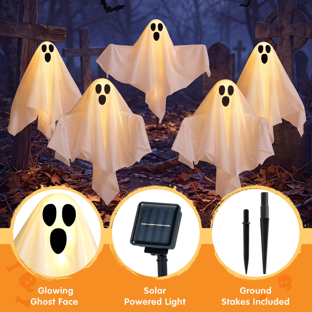 Joyfy 3 Packs Halloween Ghost Decorations Outdoor, Light Up Flying Ghost Pathway Lights， Battery Operated Watereproof Ghost Deocr with 3 Stakes, Halloween Yard Front Porch Haunted House Decorations