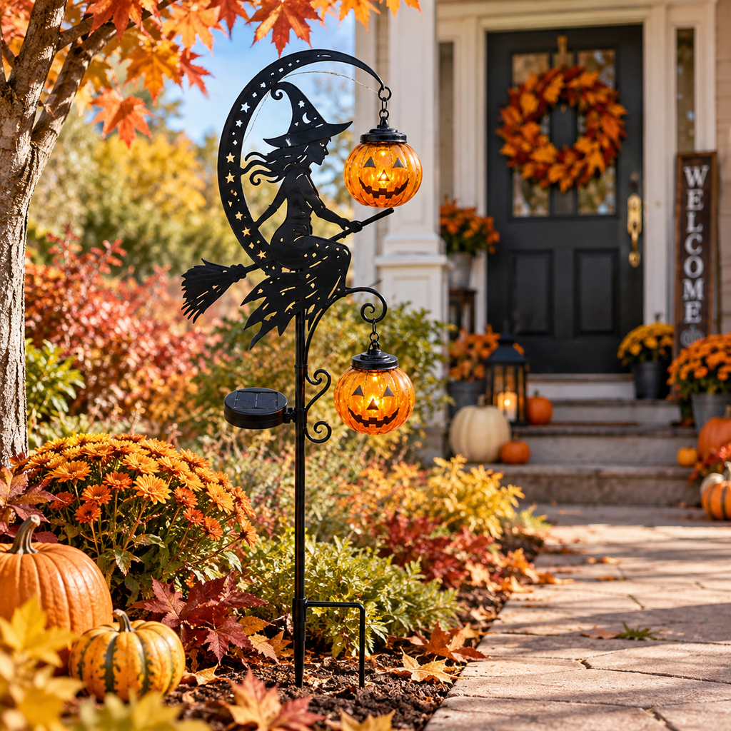 Halloween Crescent Moon Pumpkin Solar Stake Light, Star Hollow Cutout Ground Lamp, Anti Rust Halloween Decorations Party for Yard Walkway black