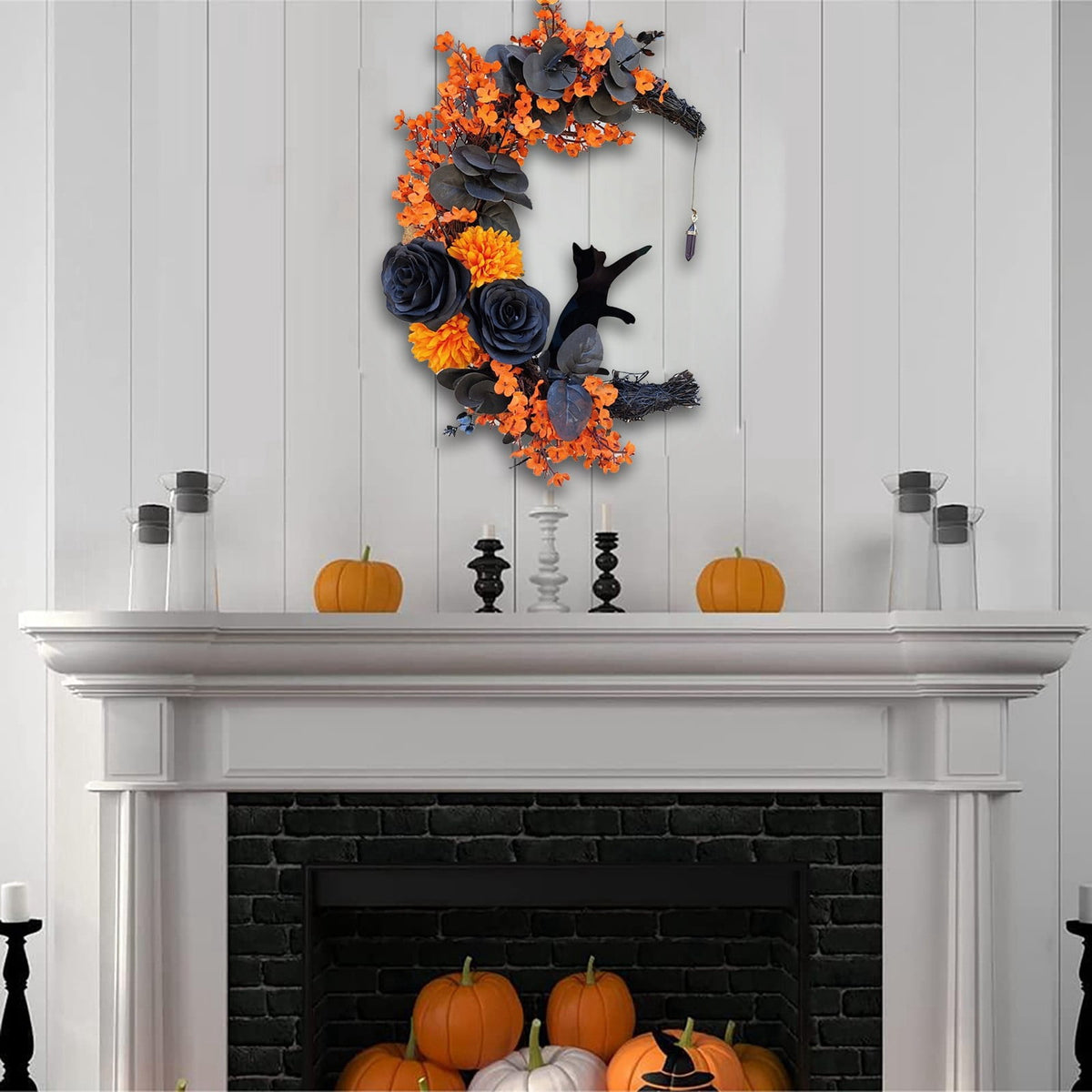 Lighted Halloween Wreath - Black Cat & Crescent Moon Design with LED Lights for Front Door, Porch & Wall Gothic Decor