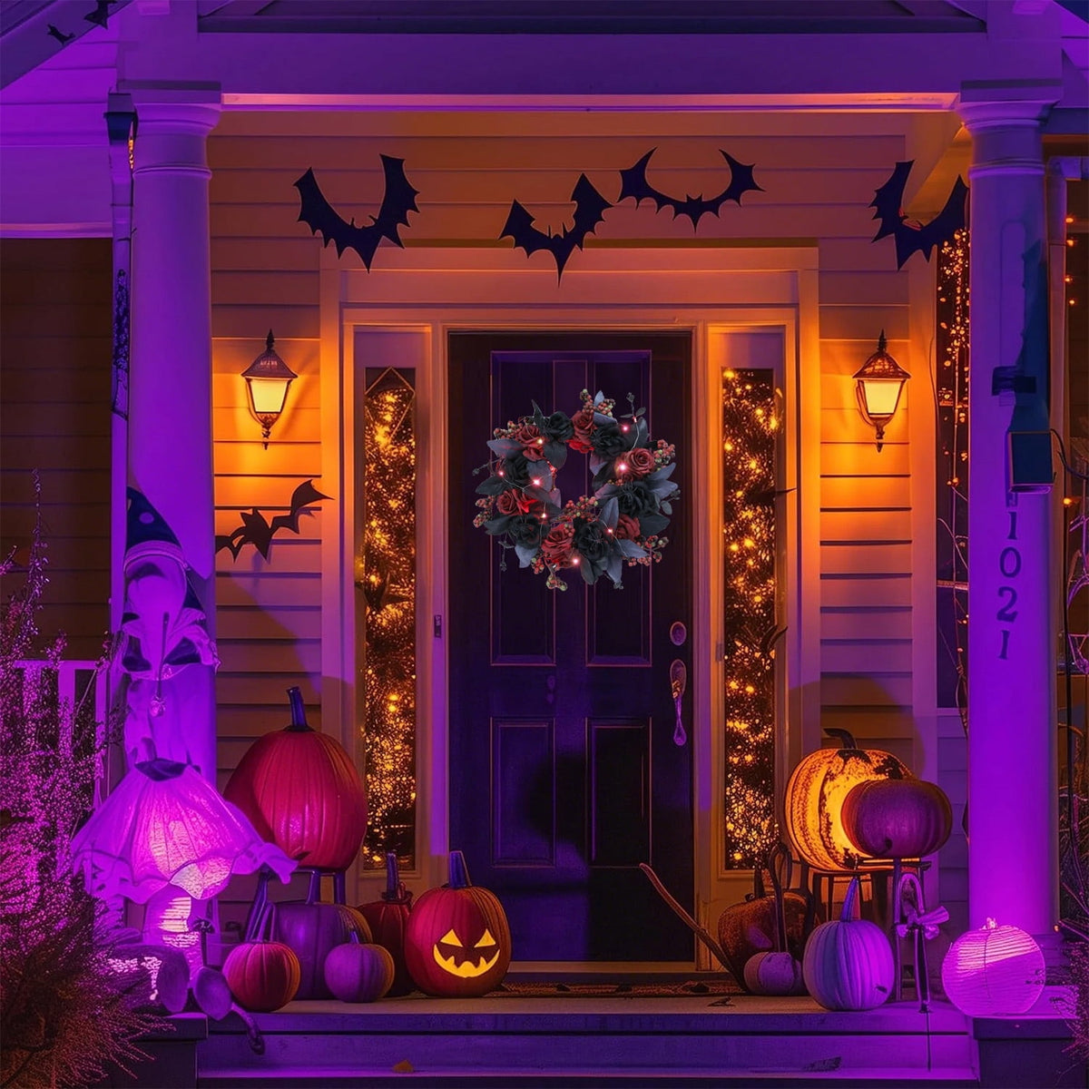 Halloween Decorative Wreath With Lights for Front Door,Black Red Rose Wreaths,15" Berries Wreaths Decor with Black Leaves Garland Ornament for Wall,Porch,Window,Indoor Outdoor Halloween Accessories