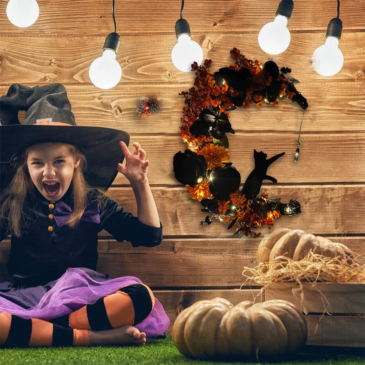 Halloween Moon & Cat Wreath with Lights - Gothic Black Branch Wreath for Front Door, Indoor/Outdoor Spooky Decor with LED Illumination