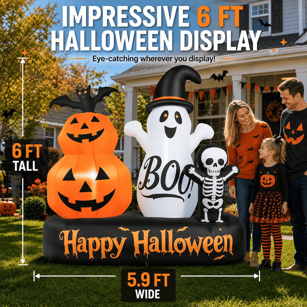 6ft Halloween Inflatable Outdoor Decorations, Lighted Pumpkin Ghost Skeleton with Bat, Built-in LED Lights, Blow Up Halloween Yard Decoration for Lawn, Porch & Party