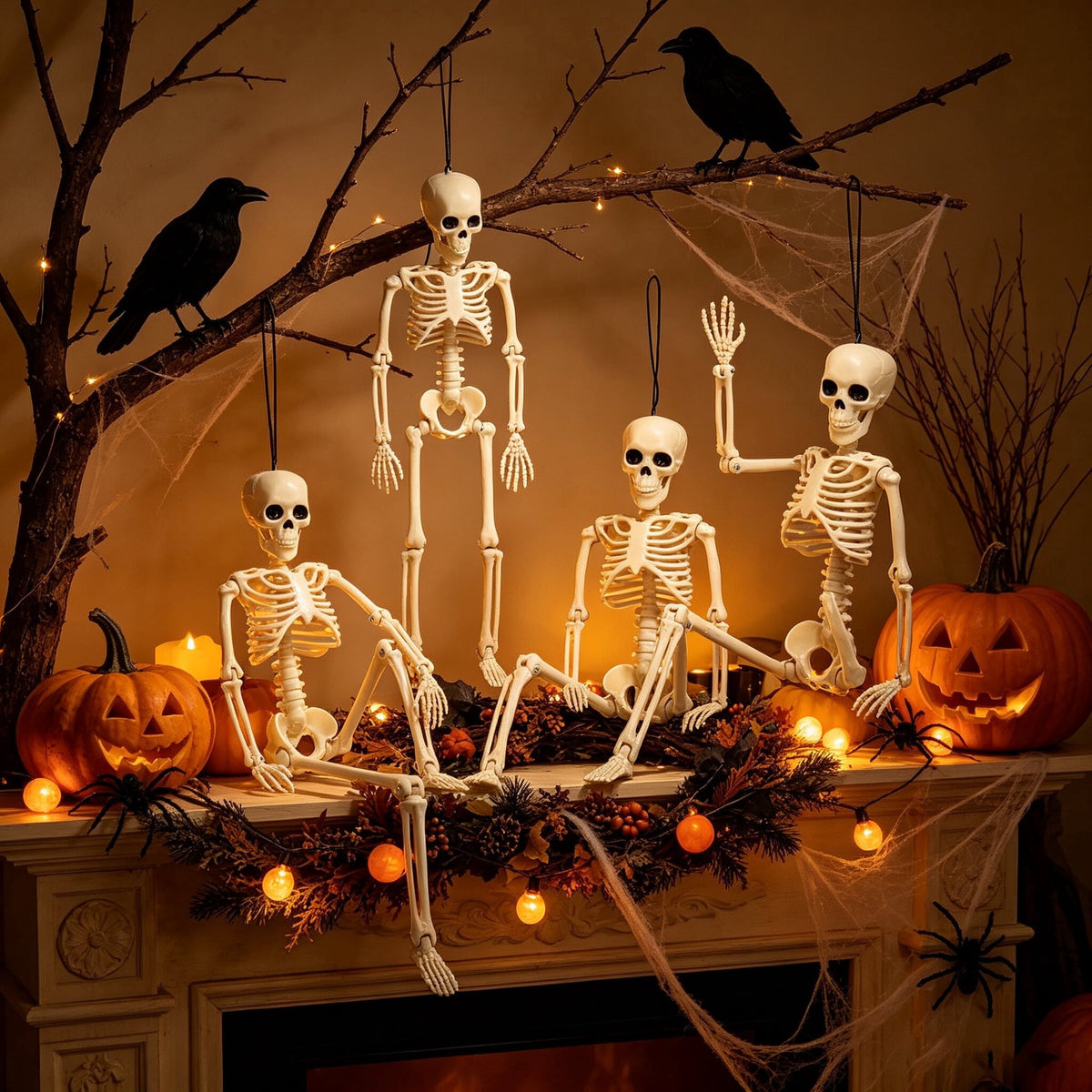 Fdyrgv 4 Pack 16" Posable Full Body Skeleton, Halloween Skeleton Decor with Movable Joints & Adjustable Jaw, Built-in Hanging String, Water Resistant Graveyard Haunted House Yard Décor