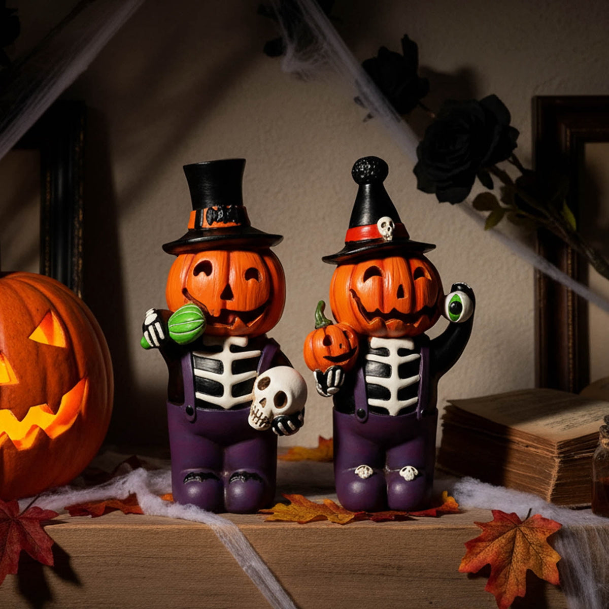 Ayieyill 2pcs Halloween Cat and Skeleton Figurines Vintage Halloween Black Cat Decor Halloween Table Decorations