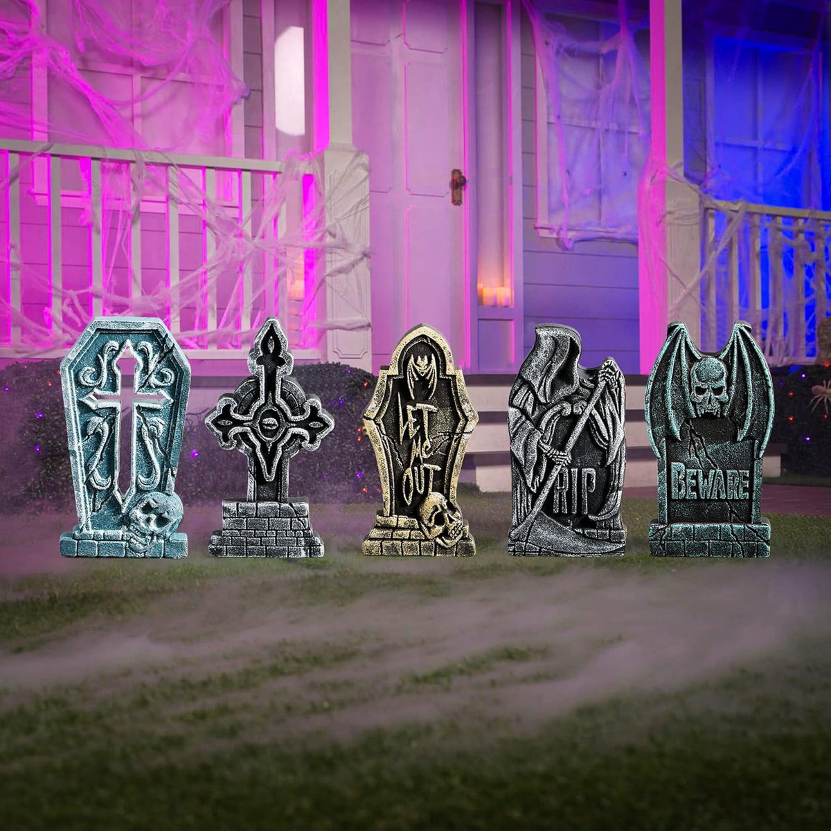 Joyfy 5 Pack Halloween Tombstone Outdoor Decorations,17 Inch Foam RIP Cemetery Headstone Decoration and 12 Halloween Yard Lawn Decoration Metal Stakes
