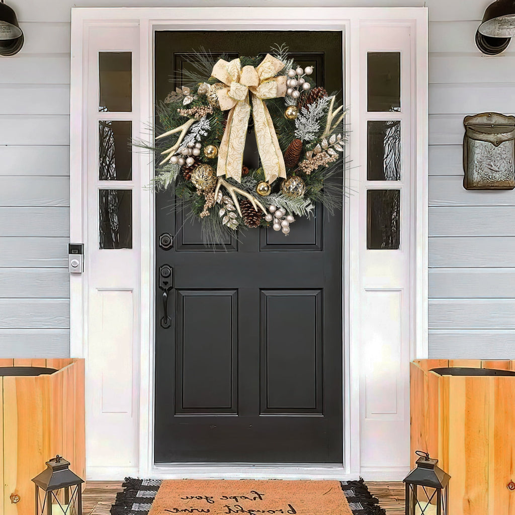 JoanKaren 24 inch Large Christmas Wreath Silver White with 20 LED Lights,Prelit Xmas Wreath w/ Ball Ornaments Pine Cone