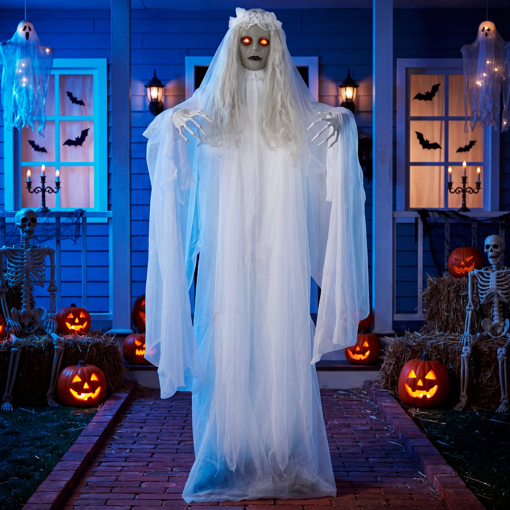 Joyfy Halloween Decorations Outdoor, 72"(6ft) Light Up Animated Scary Decorations Pumpkin Ghost with Sound Activation,Animatronics Pumpkin Decorations for Haunted House Prop Yard Decor