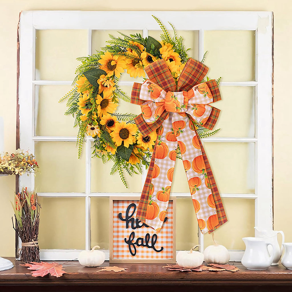 Large Thanksgiving Fall Bow For Wreaths Decorations For Home, Halloween Tree Topper Bow, Pumpkin Bow With Orange Buffalo Plaid Burlap For Front Door Wreath Home Indoor Outdoor Decor