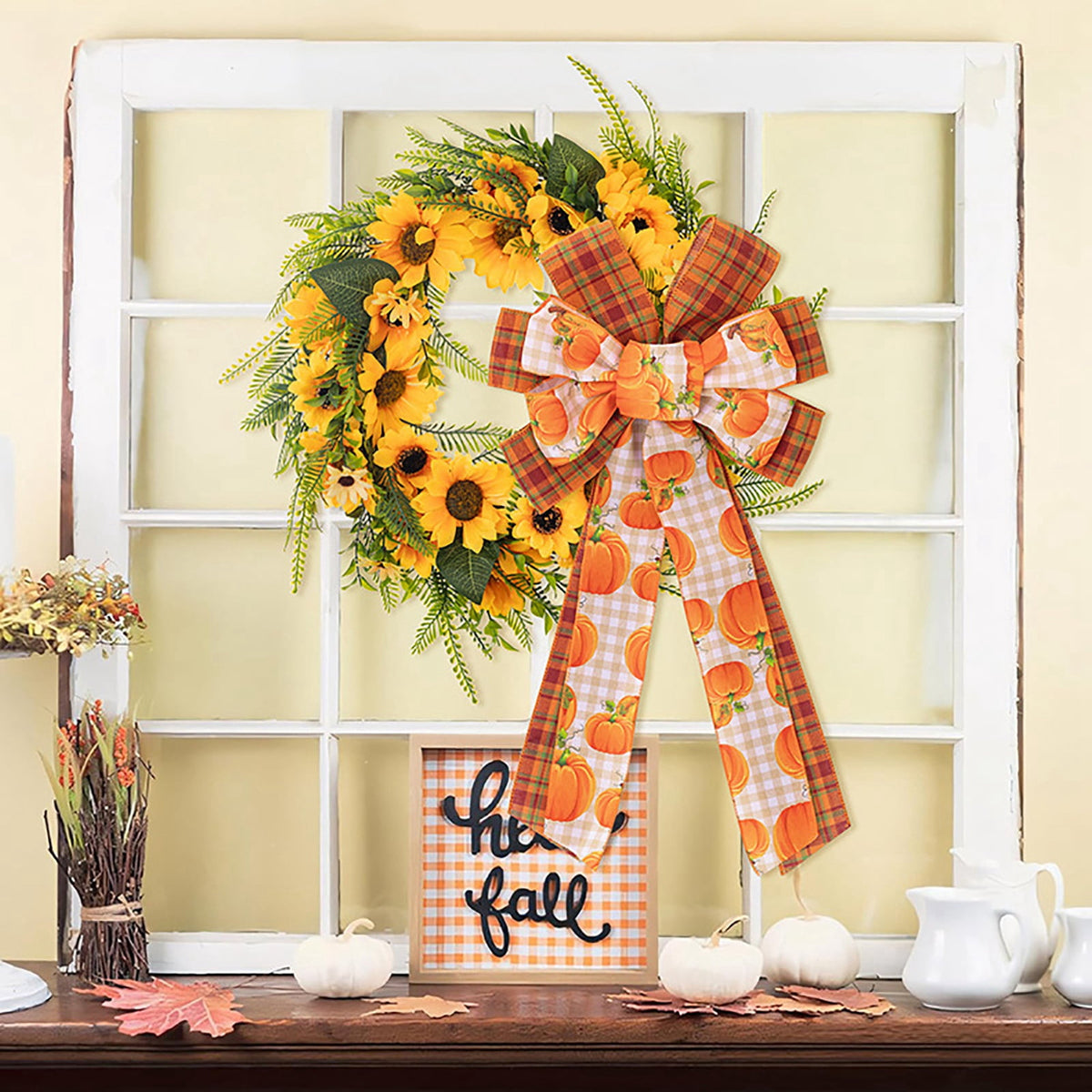 Large Thanksgiving Fall Bow For Wreaths Decorations For Home, Halloween Tree Topper Bow, Pumpkin Bow With Orange Buffalo Plaid Burlap For Front Door Wreath Home Indoor Outdoor Decor