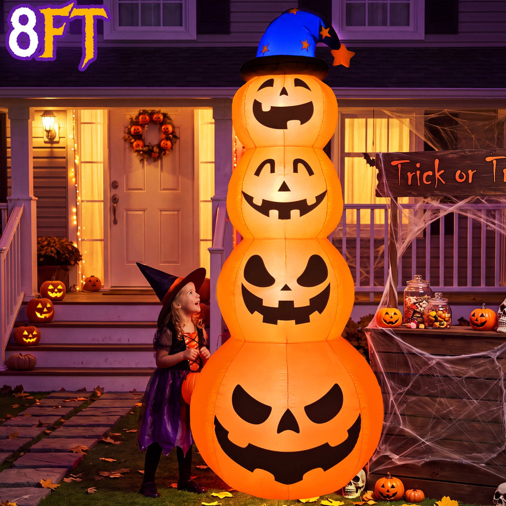 Qunler 8ft Halloween Pumpkin Stack Inflatable Decoration with Witch Hat, Polyester Material Lighted Blow up Yard Decor for Outdoor Lawn Garden
