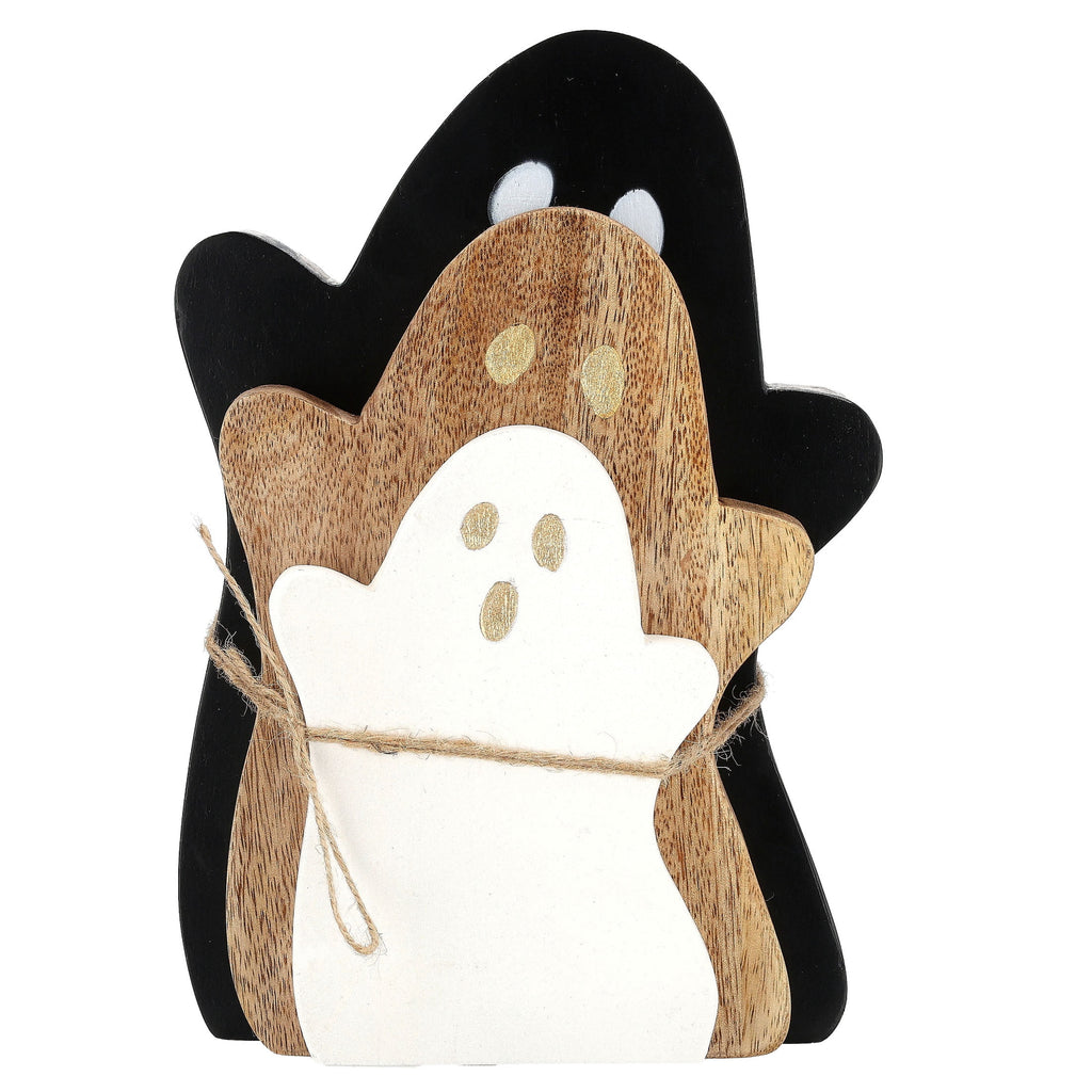 Wooden Ghost Decoration Set, Black/Natural/White, 3 Pieces, Halloween by Way To Celebrate