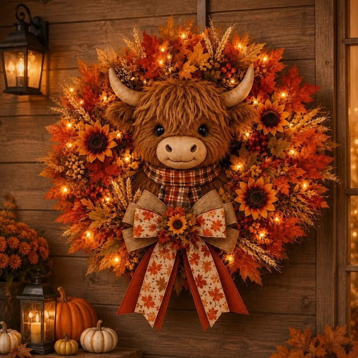 Gcvizuso Halloween Crescent Floral Wreath, Orange Red Rose Hydrangea Fall Front Door Decor for Autumn Harvest Celebration