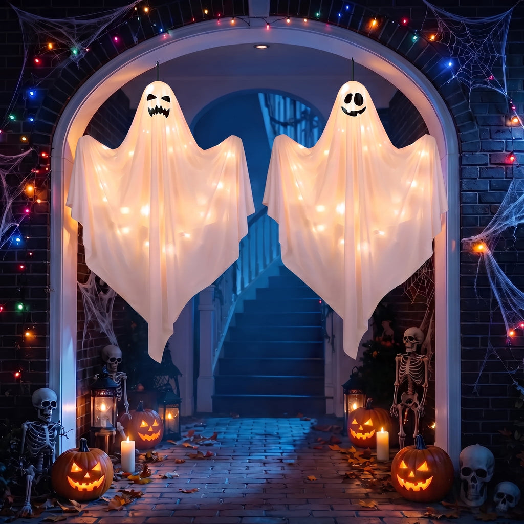Scidweet Halloween Ghost Decor, 2 Pack 48" Light up Hanging Halloween Ghosts Blue LED Light Yard Garden Porch Outdoor Decorations